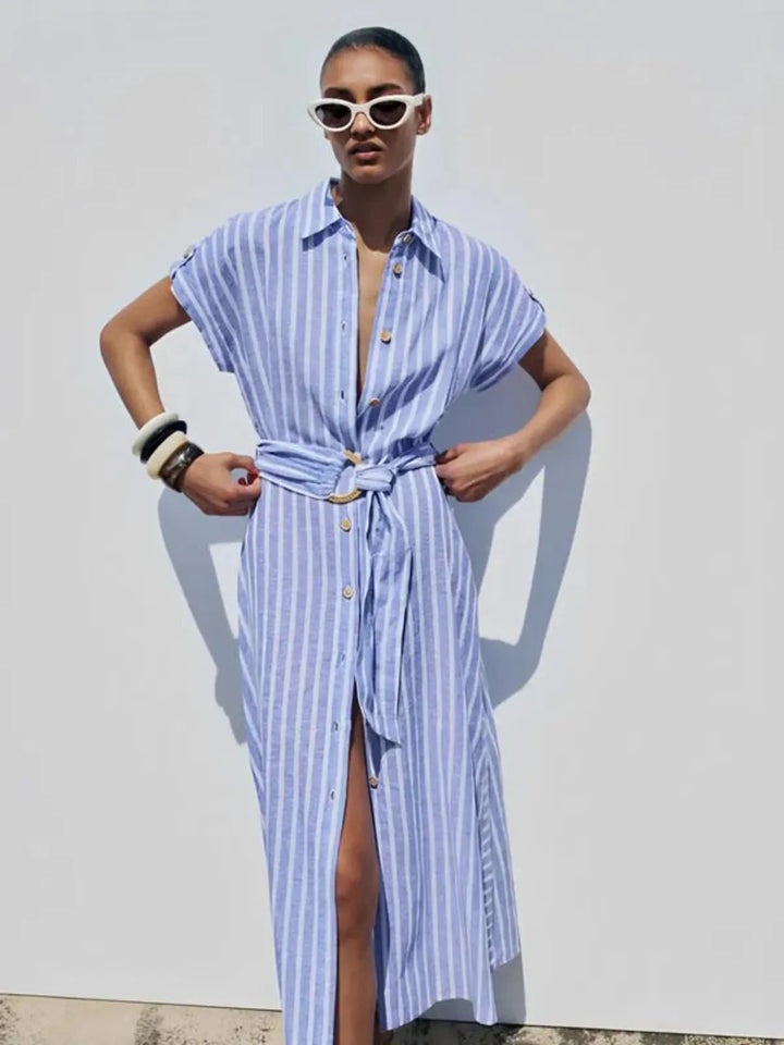 Elegant women's long striped belted dress, featuring a button-down front, ideal for office or summer casual.
