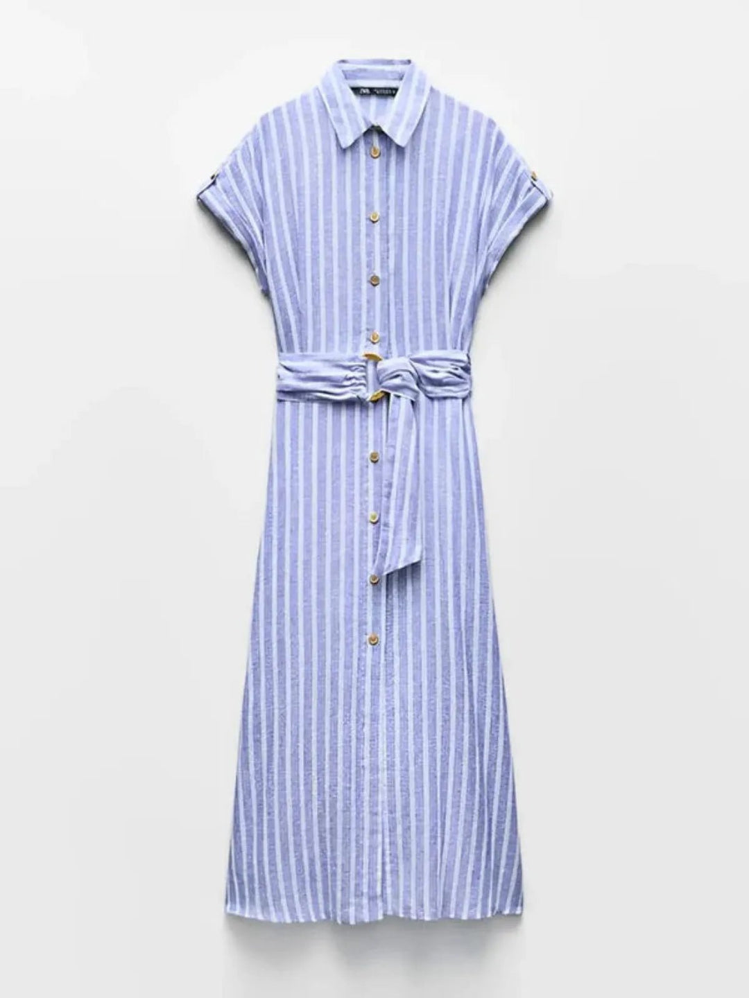 Casual women's light blue striped maxi dress, button-down front & tied belt, great for everyday wear.