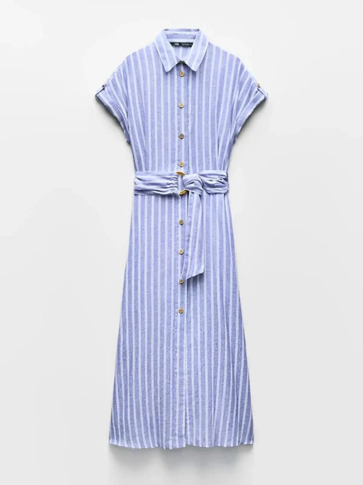 Casual women's light blue striped maxi dress, button-down front & tied belt, great for everyday wear.