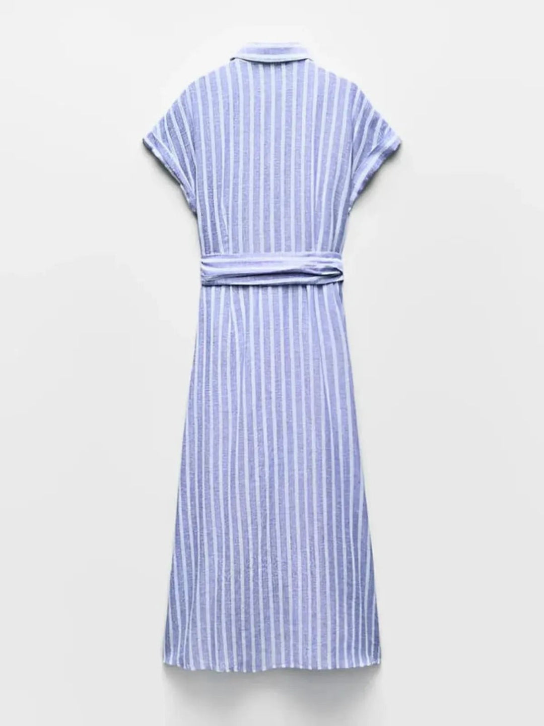 Fashionable women's belted striped maxi dress, button-down detail, in light blue, perfect for effortless style.