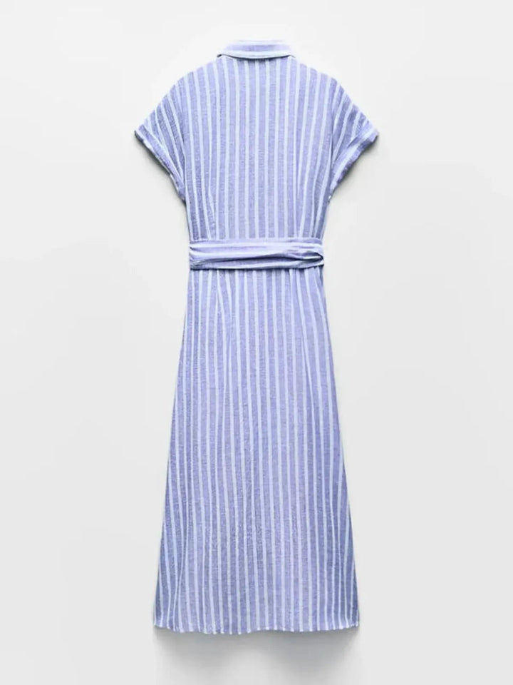 Fashionable women's belted striped maxi dress, button-down detail, in light blue, perfect for effortless style.
