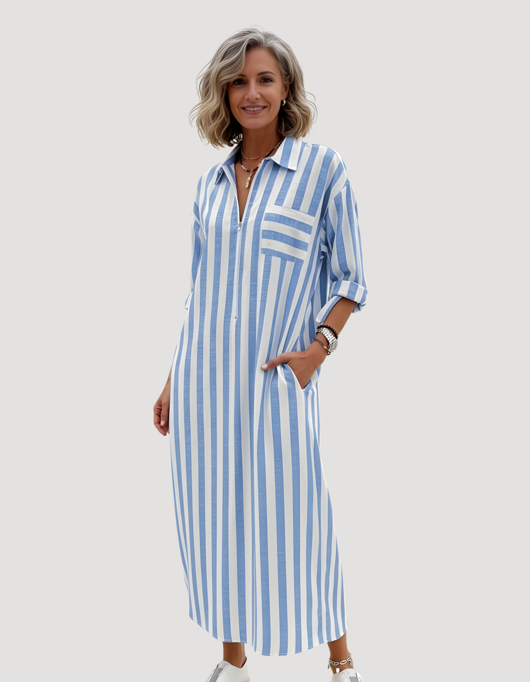 Women's striped button-down maxi shirt dress, perfect for casual summer wear or a stylish beach cover-up.
