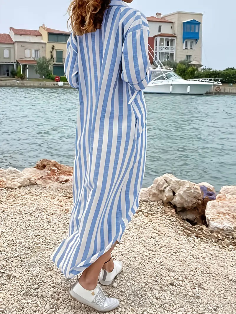 Versatile women's striped button-down shirt dress, a chic maxi length perfect for everyday or beach outings.