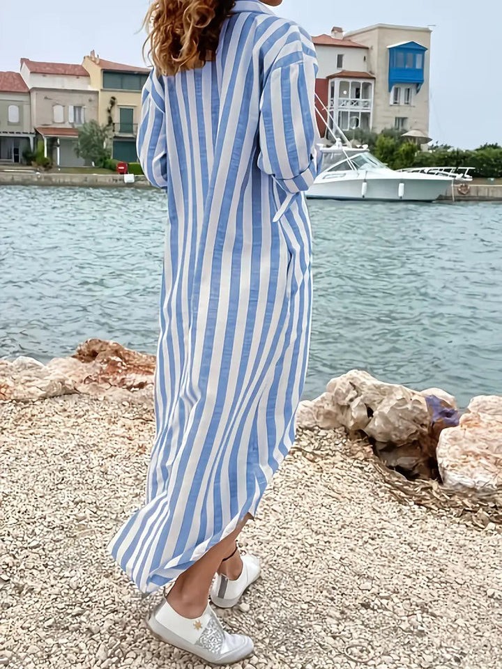 Versatile women's striped button-down shirt dress, a chic maxi length perfect for everyday or beach outings.