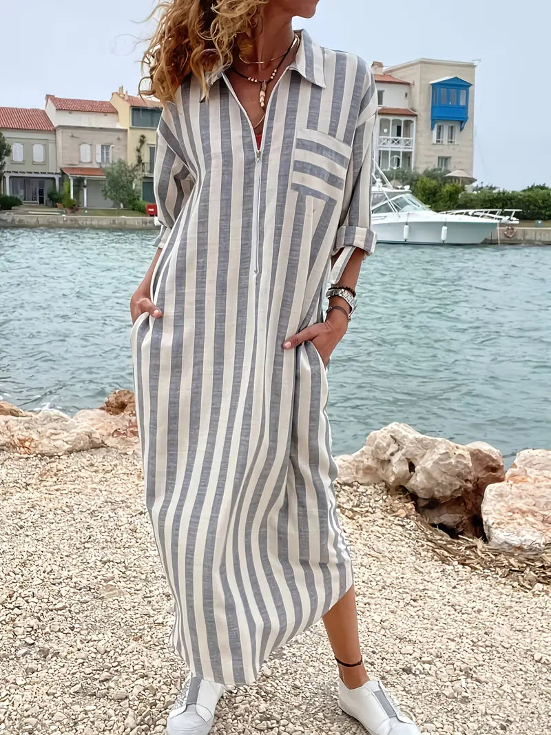 Stylish striped maxi dress, a women's button-down shirt style for effortless casual summer or resort wear.