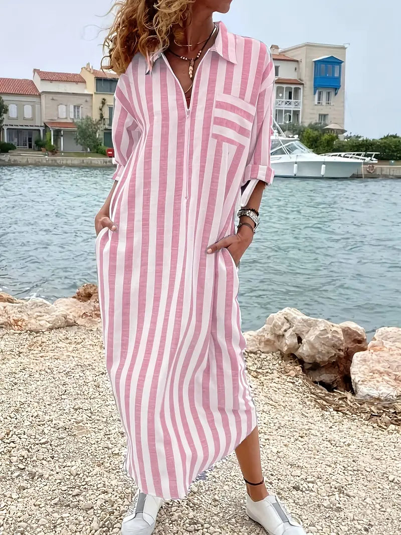 Women's casual striped button-down maxi shirt dress, a versatile and comfortable summer apparel choice.