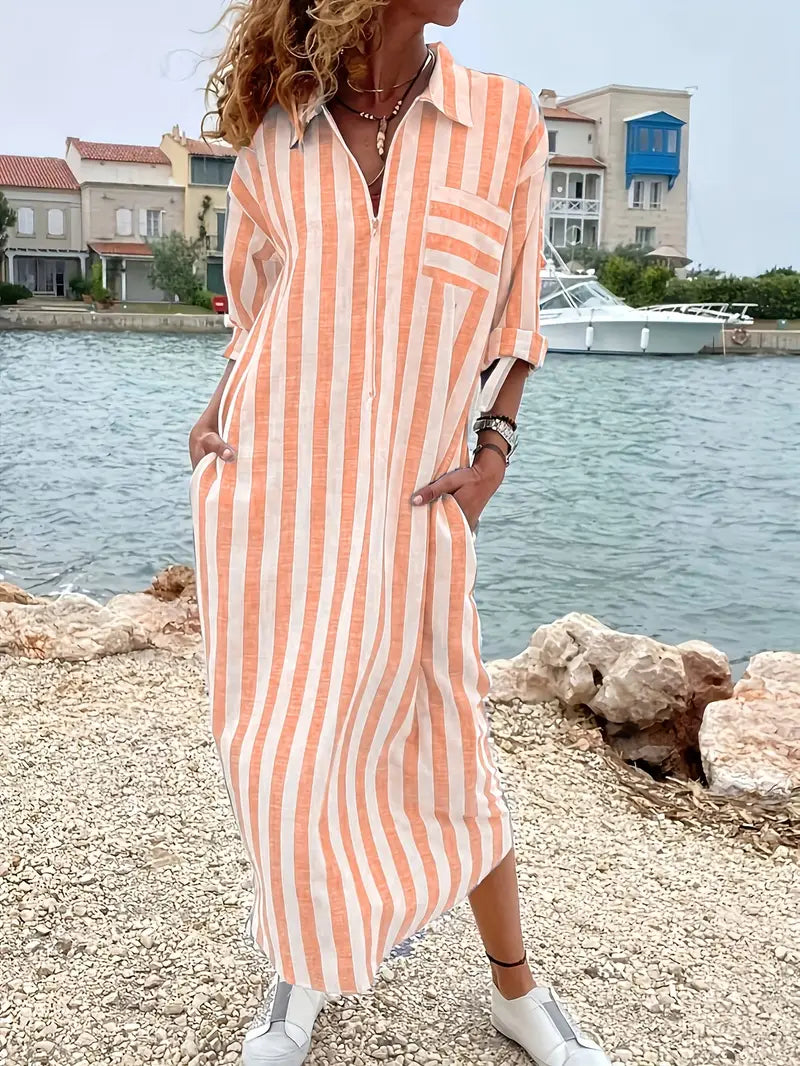 Chic women's striped button-down maxi dress, designed as a breezy shirt dress for elegant casual style.