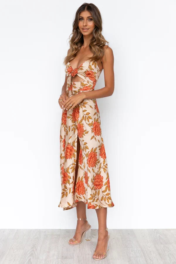 Stylish women's elegant cocktail dress, perfect midi length for sophisticated events.