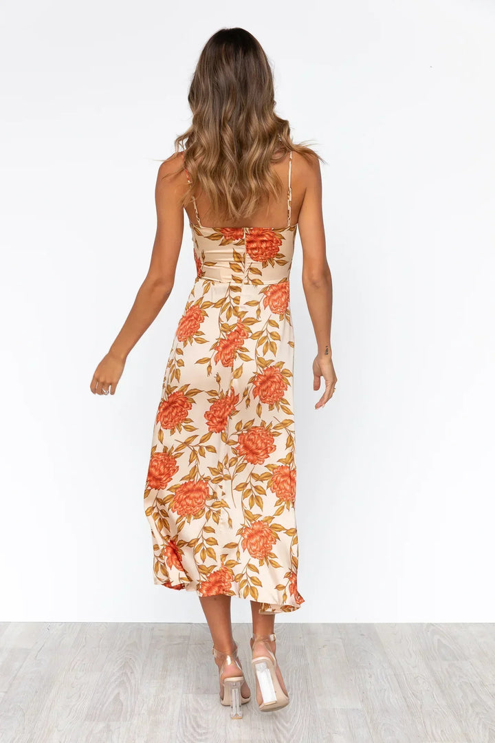 Orange women's party midi dress, an elegant and sophisticated choice for special events.