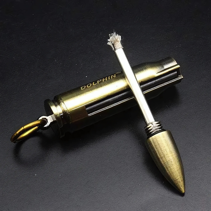 Compact waterproof flint fire starter keychain. Ideal for survival kits, camping, hiking, and outdoor emergencies.