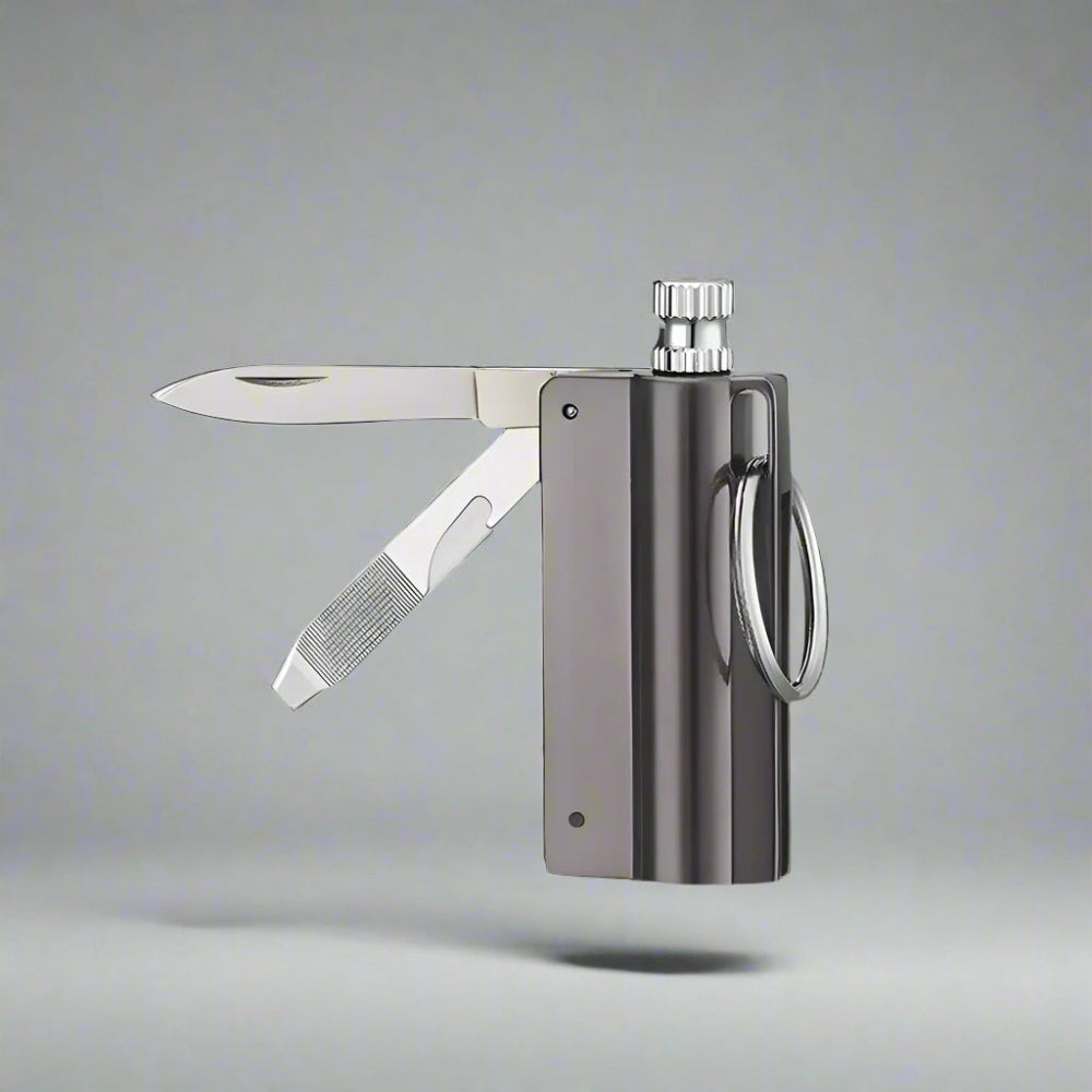 Portable waterproof flint lighter & bottle opener keychain. Essential EDC tool for camping, hiking, and survival.