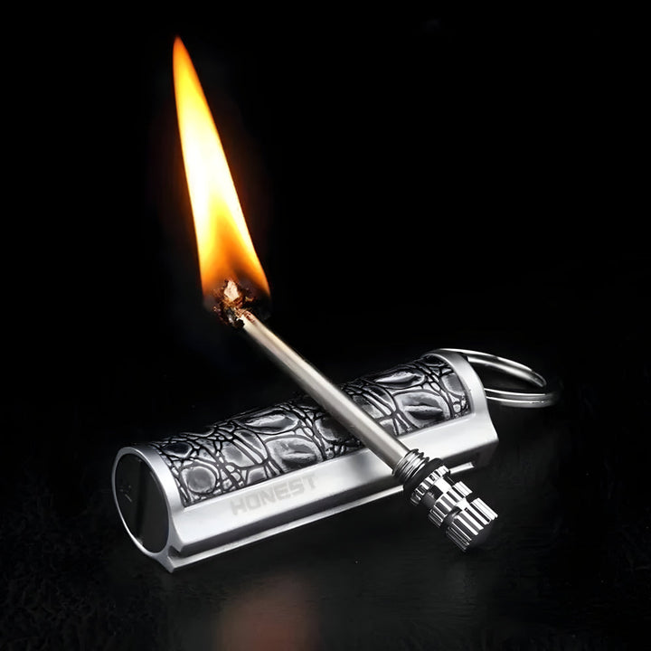 EDC waterproof flint lighter keychain. Multi-tool for fire starting, bottle opening, and outdoor survival needs.
