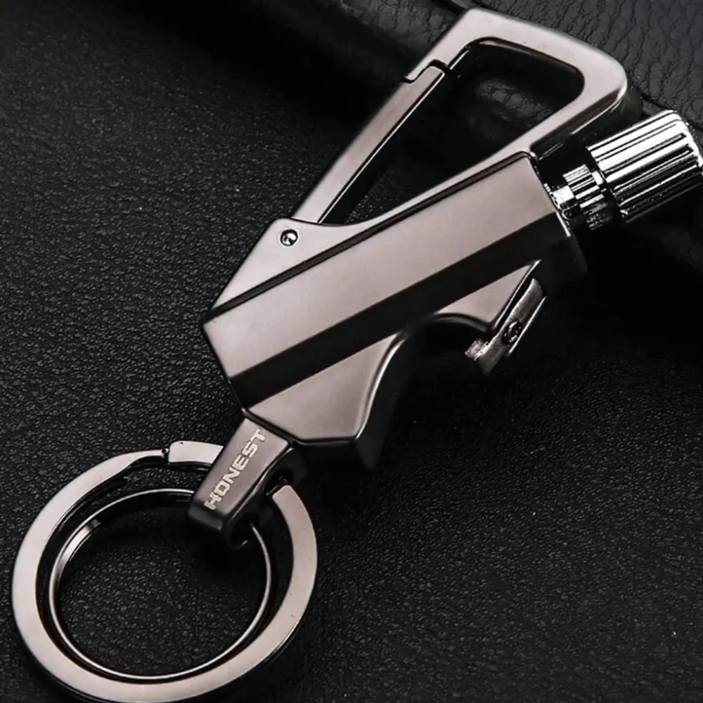 Rugged survival keychain with waterproof flint lighter. Perfect for outdoor adventures, camping, and emergency fire.