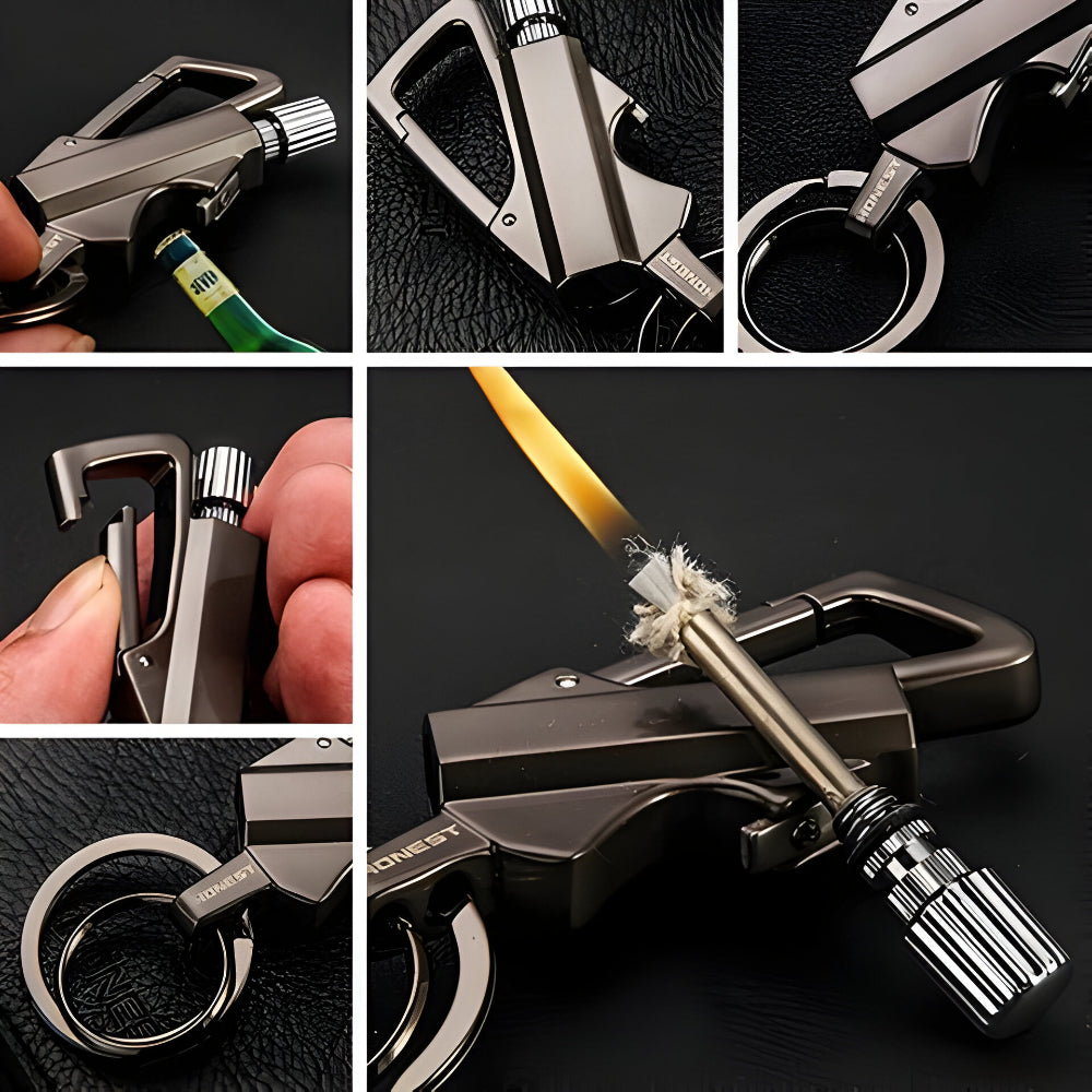 Waterproof flint survival lighter keychain. Multi-tool with bottle opener for EDC, camping, hiking, outdoor.