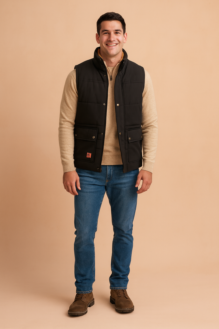 Men's casual utility vest with snap buttons, perfect for comfortable layering. Available in black, navy, or army green.