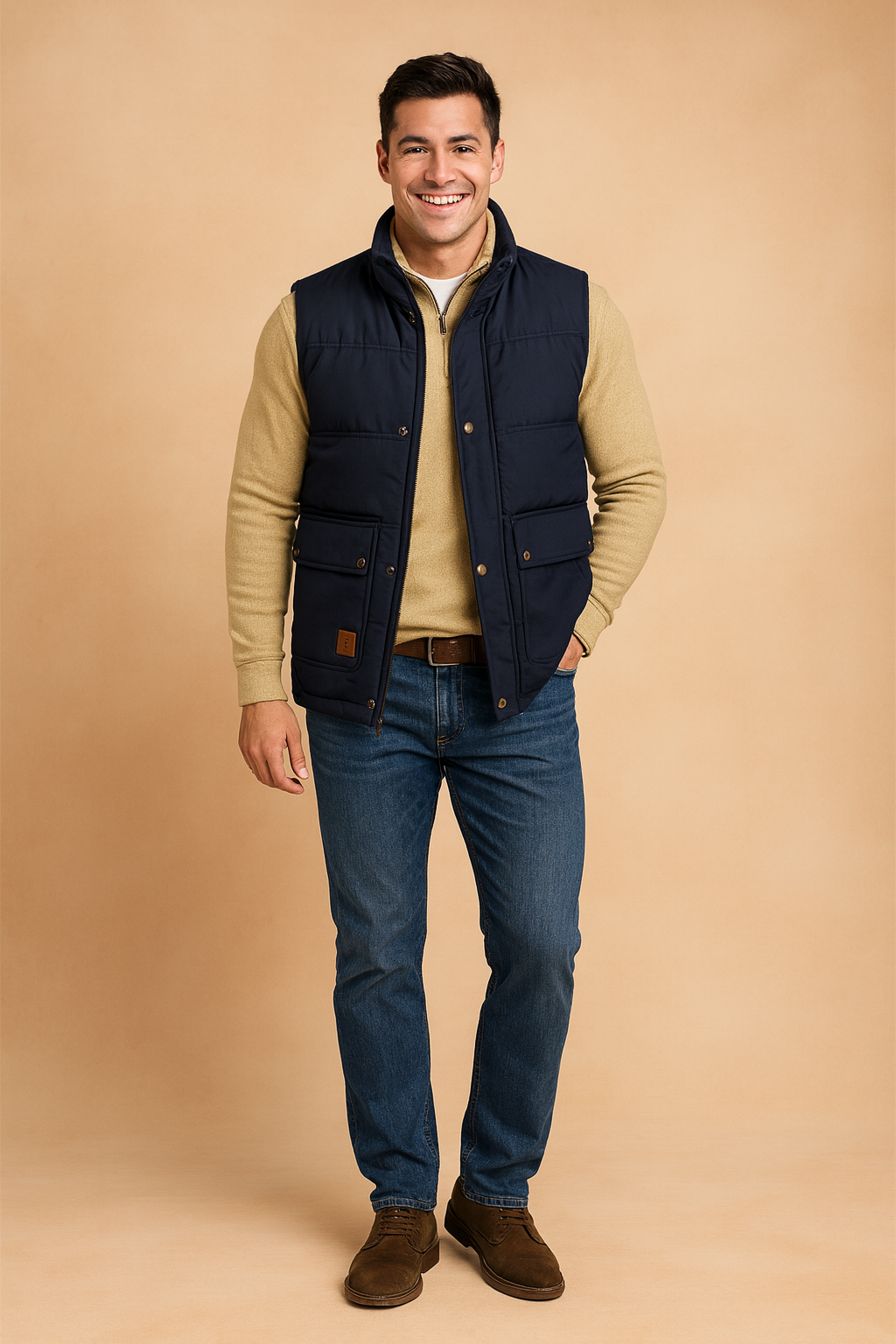 Insulated men's utility vest, a casual sleeveless jacket with snap buttons for outdoor layering comfort.