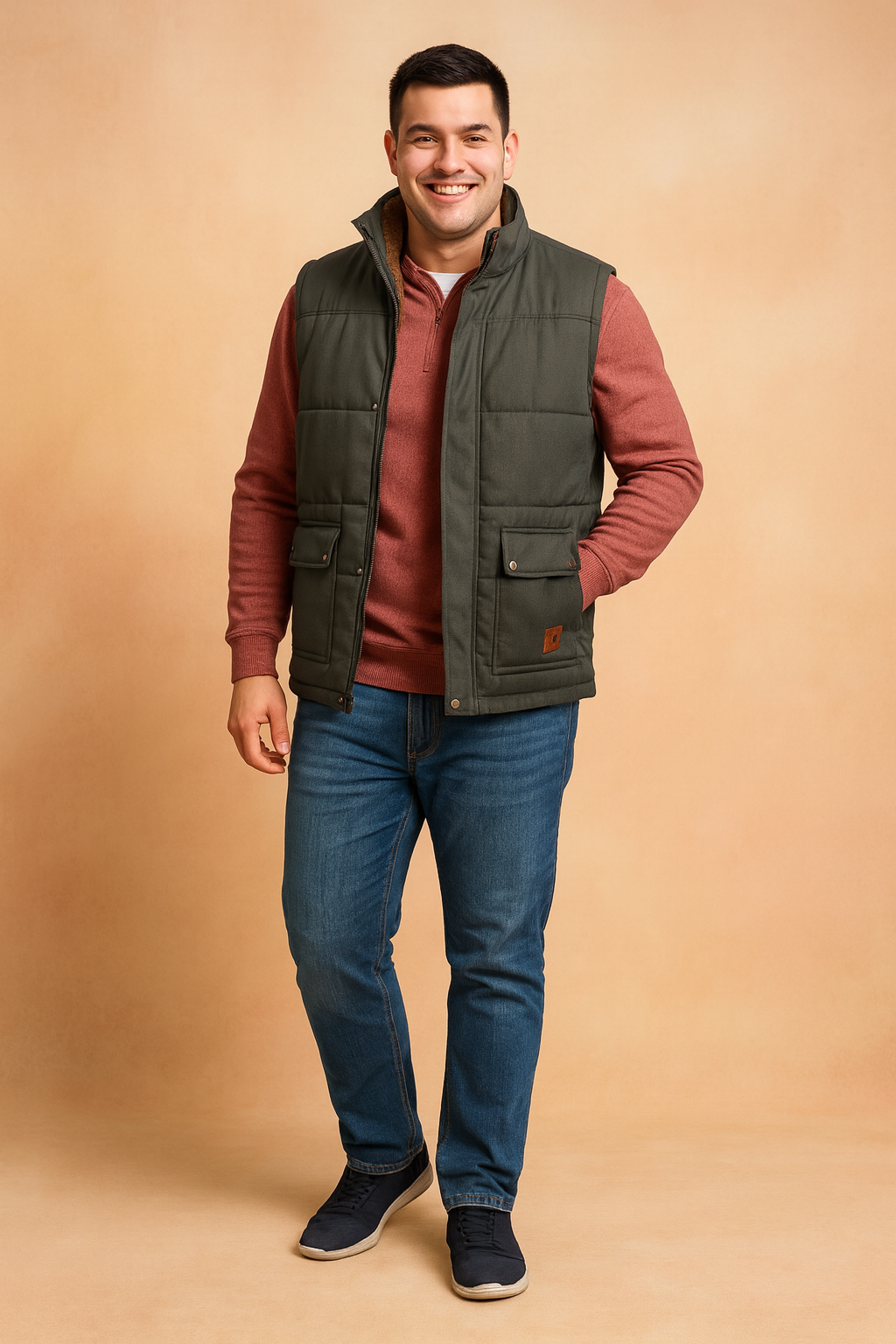 Versatile men's snap button utility vest, ideal as casual winter outerwear or a layering sleeveless jacket.
