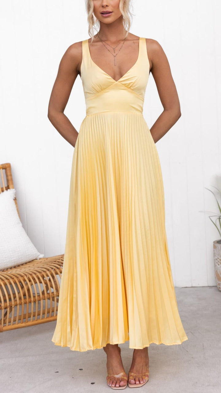 Women's Elegant Pleated V-Neck Maxi Dress