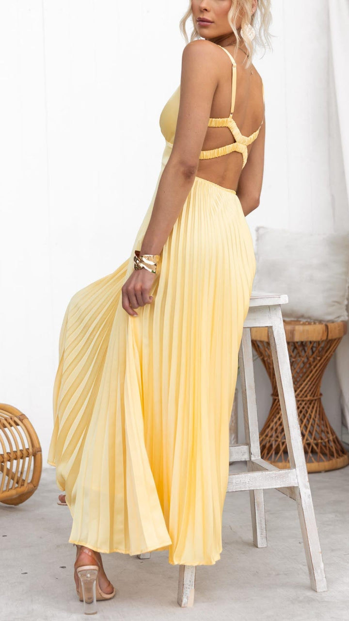 Women's Elegant Pleated V-Neck Maxi Dress