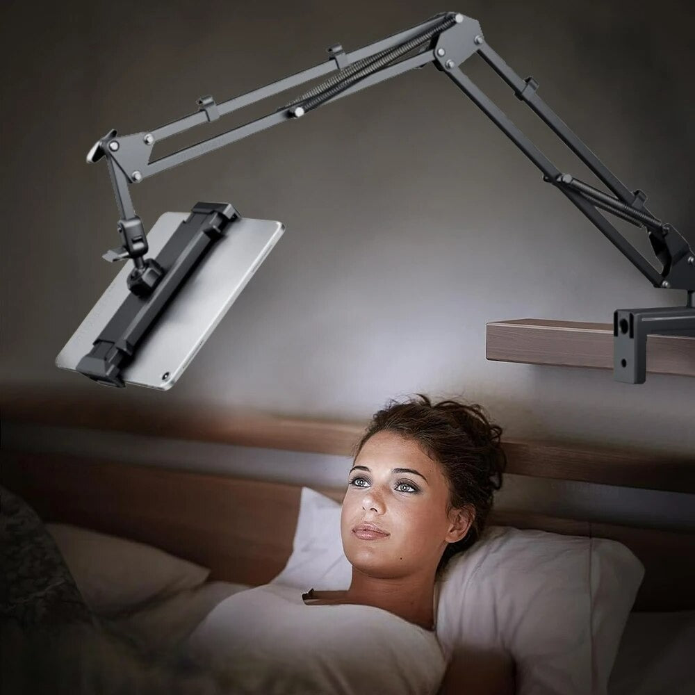 Versatile tablet holder with 360° swivel, adjustable arm, compatible with all tablets.