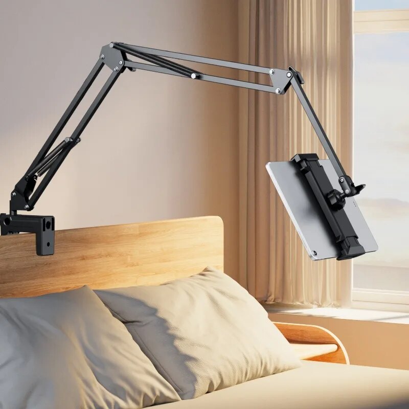 Universal tablet stand with adjustable arm & 360° rotation for hands-free viewing on desk or bed.
