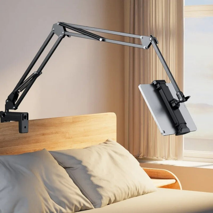 Universal tablet stand with adjustable arm & 360° rotation for hands-free viewing on desk or bed.