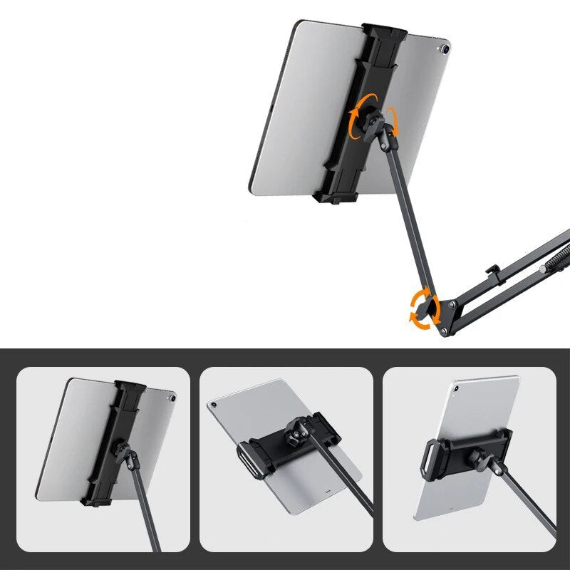 Hands-free universal tablet mount with flexible arm and full 360° rotation for any angle.