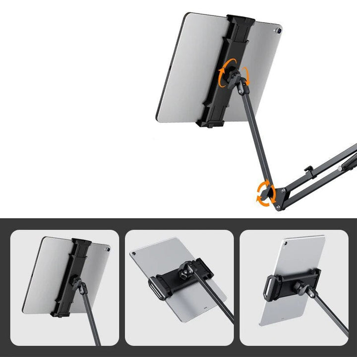 Hands-free universal tablet mount with flexible arm and full 360° rotation for any angle.