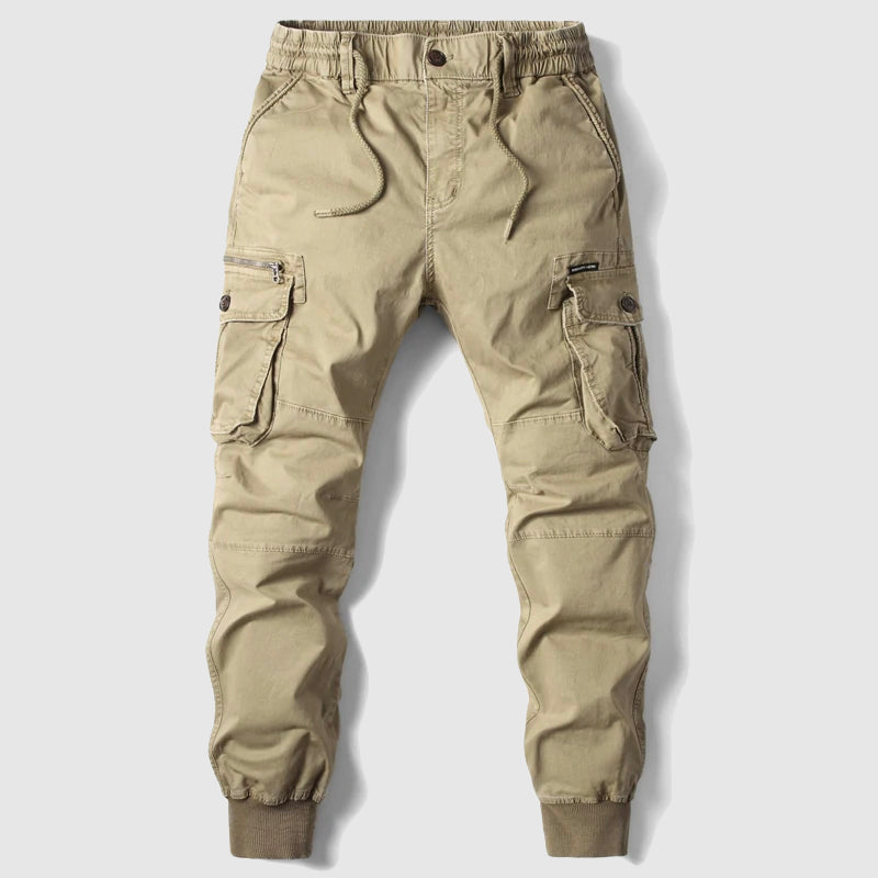 Comfortable gray men's cargo jogger pants, relaxed fit with elastic waist, perfect for spring/summer casual fashion.