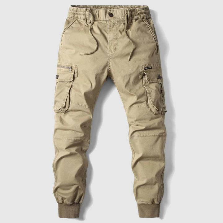 Comfortable gray men's cargo jogger pants, relaxed fit with elastic waist, perfect for spring/summer casual fashion.