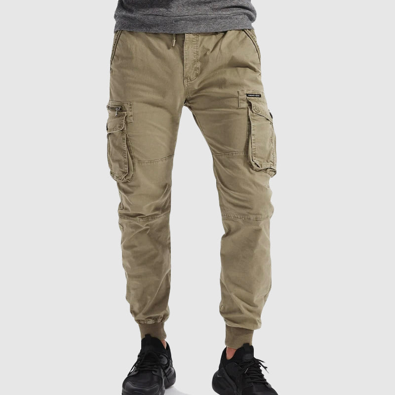 Men's relaxed fit black cargo joggers with functional pockets, ideal for casual wear and streetwear.