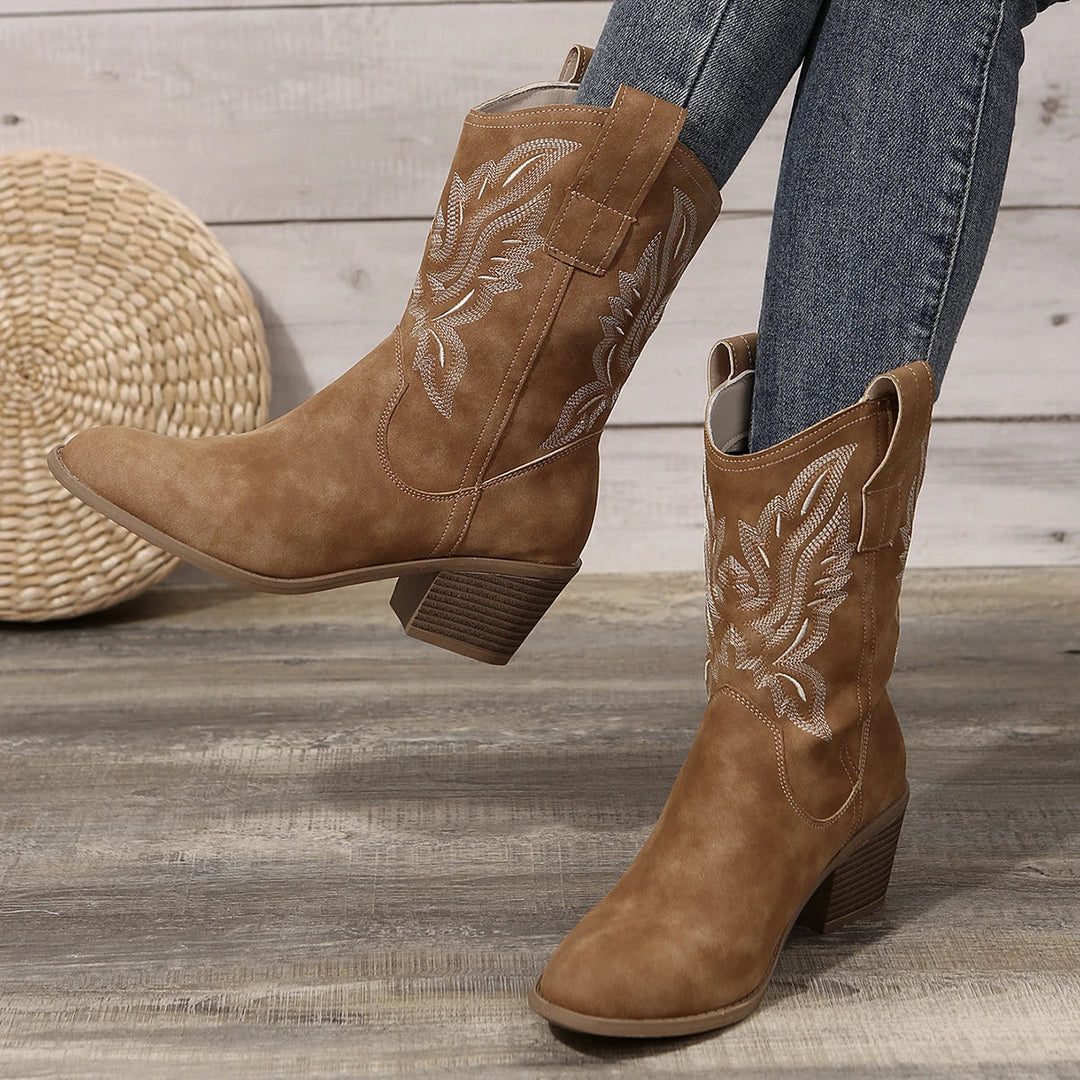 Stylish embroidered western ankle boots for women, featuring a comfortable block heel and pointed toe. Perfect for fall.