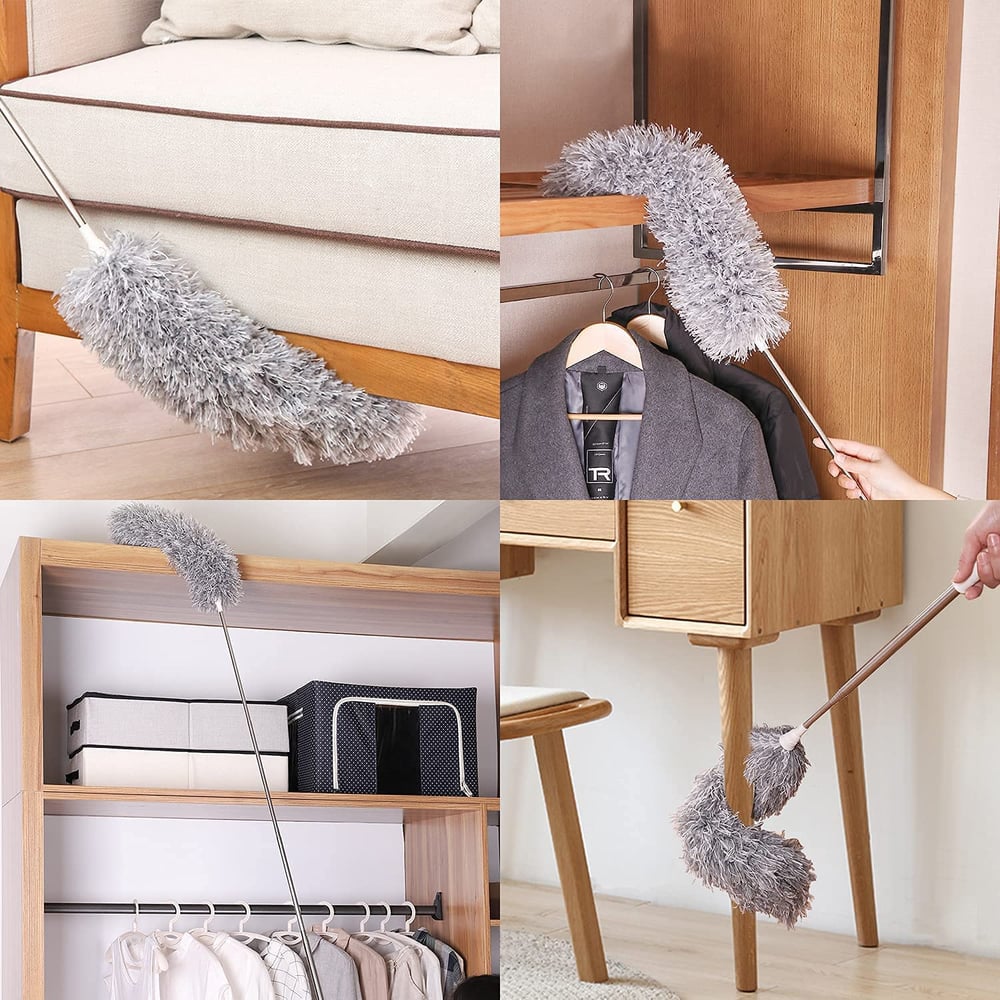 Close-up of a fluffy microfiber duster head, designed for effective dust removal from various surfaces.