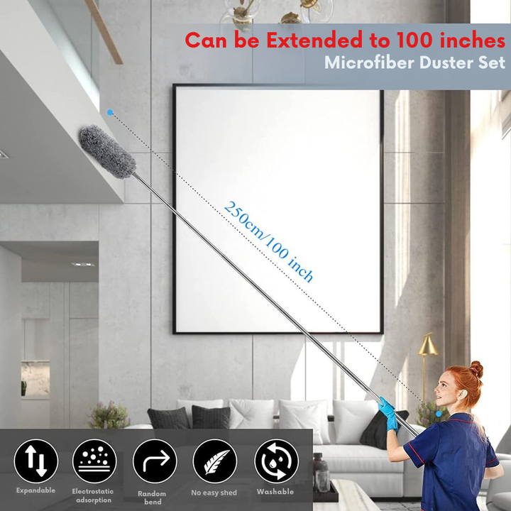 Extendable microfiber dust mop cleaning a dusty ceiling fan, ideal for high reach and home cleaning.