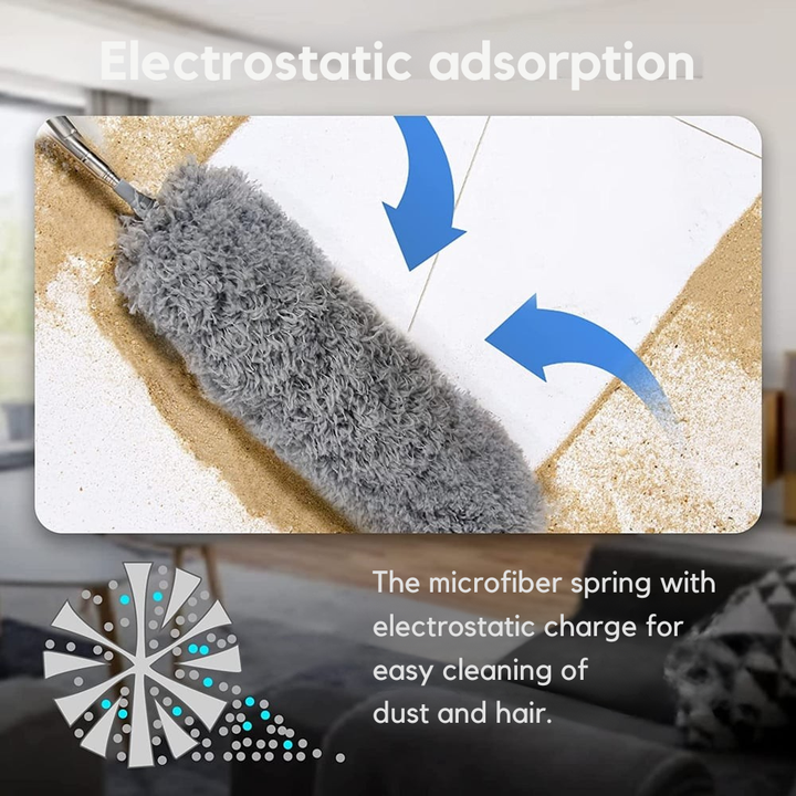 Ergonomic telescopic handle of a microfiber dust mop, showing its adjustable length for deep cleaning.