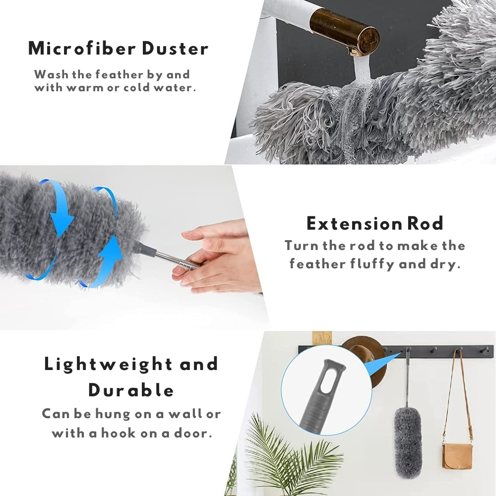 Washable microfiber mop head attached to a telescopic duster, ready for easy cleaning after use.