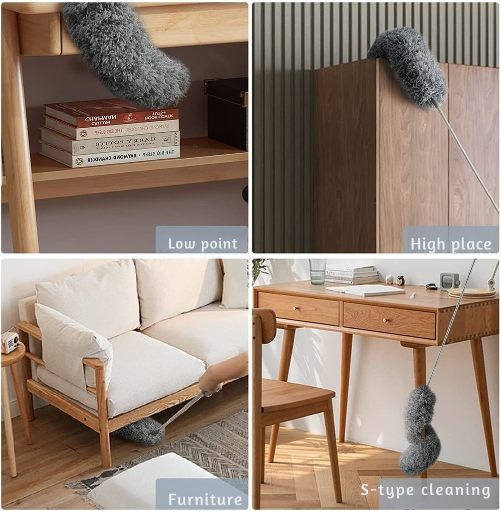 Collapsed telescopic microfiber dust mop, compact and ready for storage, a handy household tool.