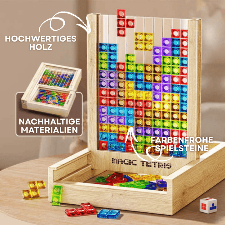 Colorful EcoBlock Tetris wooden puzzle game, perfect for family fun & educational brain training. Sustainable toy.