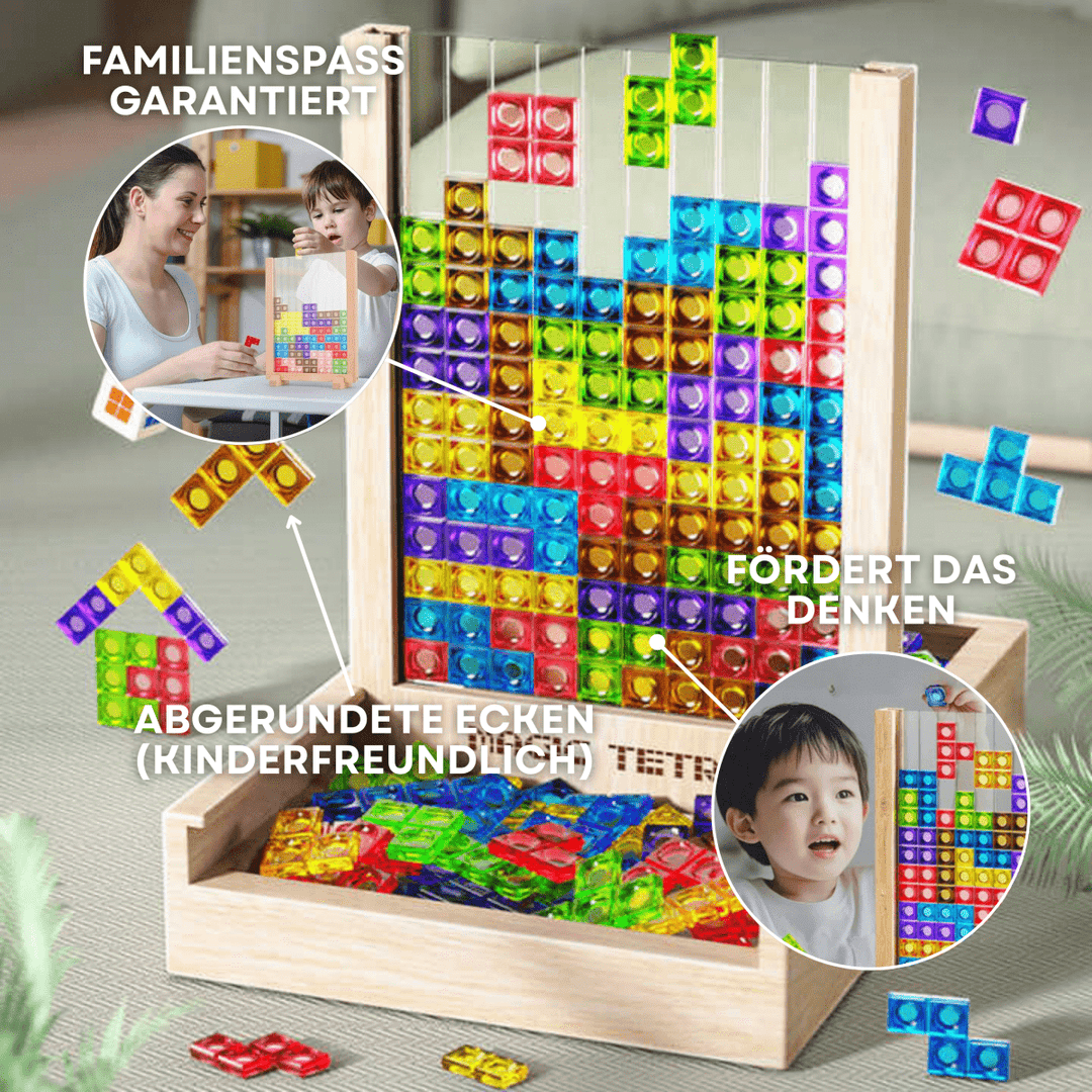 Sustainable EcoBlock Tetris board game, a wooden puzzle for all ages. Fun family strategy & educational brain training.