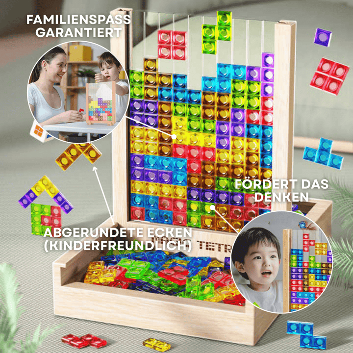 Sustainable EcoBlock Tetris board game, a wooden puzzle for all ages. Fun family strategy & educational brain training.