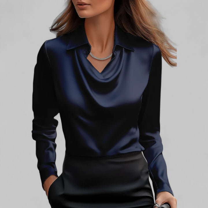 Chic long sleeve women's blouse, draped neckline. An elegant top for office, dinner, or special evenings.