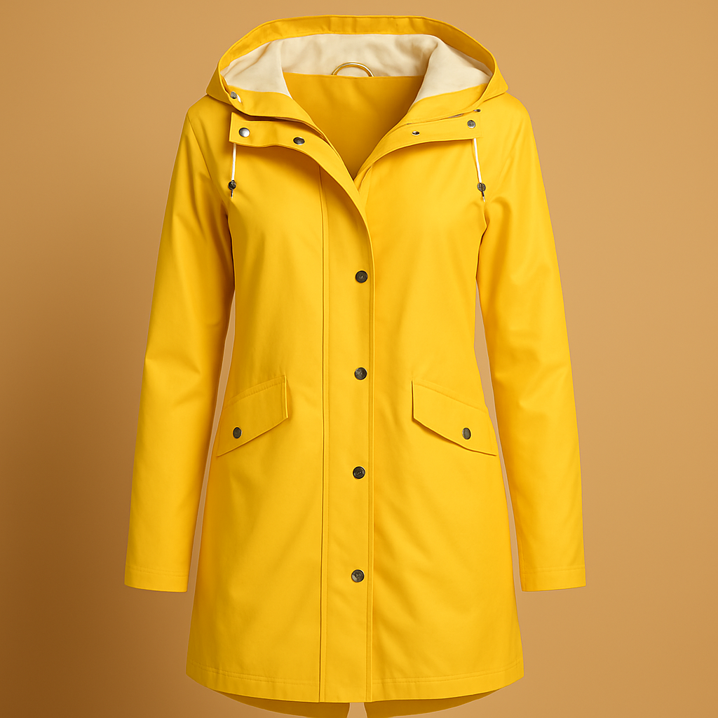 Chic women's clear waterproof rain jacket with hood, ideal fall/spring outerwear. A stylish and practical travel essential.