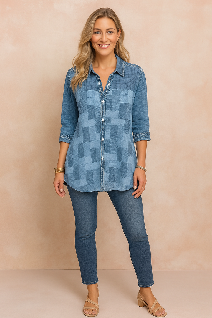 Versatile women's 3/4 sleeve button-down shirt with a unique patchwork design, ideal for casual and stylish outfits.