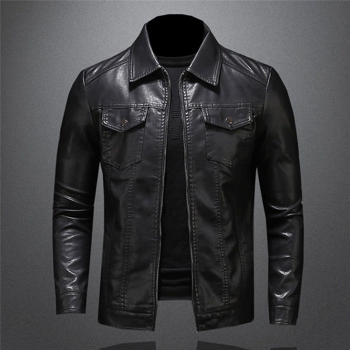 Sleek black men's classic motorcycle jacket with a tailored fit, perfect for timeless style and versatile outerwear.