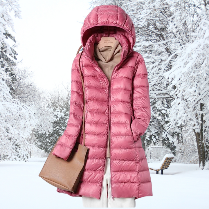 Women's Ultralight Puffer Jacket for Winter Warmth. Stay cozy in this hooded, insulated cold weather coat.