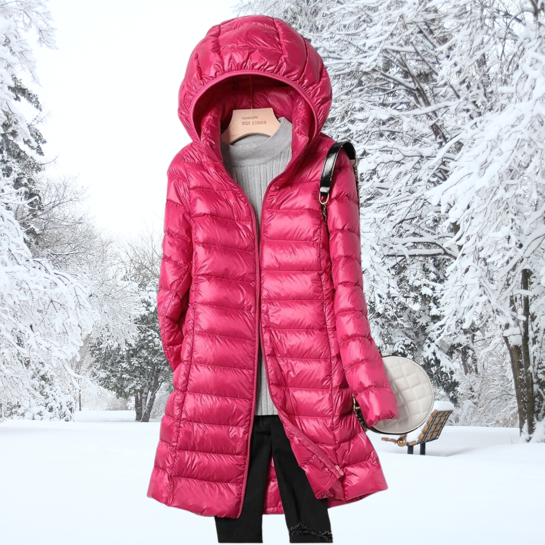 Versatile women's ultralight puffer jacket with a removable hood. Quilted, insulated winter coat for cold weather.