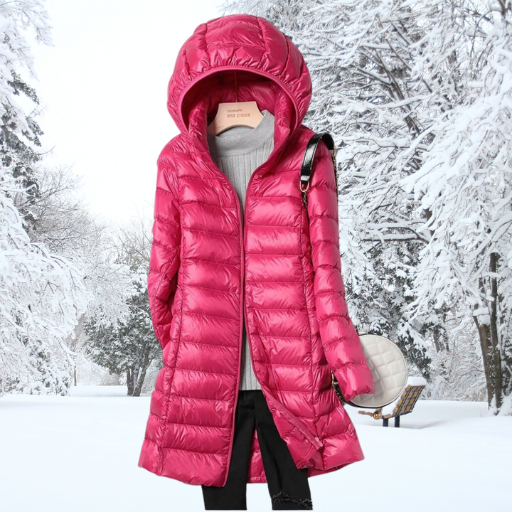 Versatile women's ultralight puffer jacket with a removable hood. Quilted, insulated winter coat for cold weather.