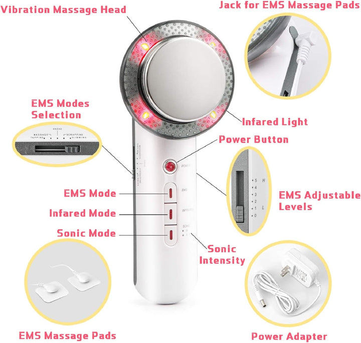 Professional-grade 3-in-1 home spa massager: Ultrasonic EMS for body sculpting & muscle toning.