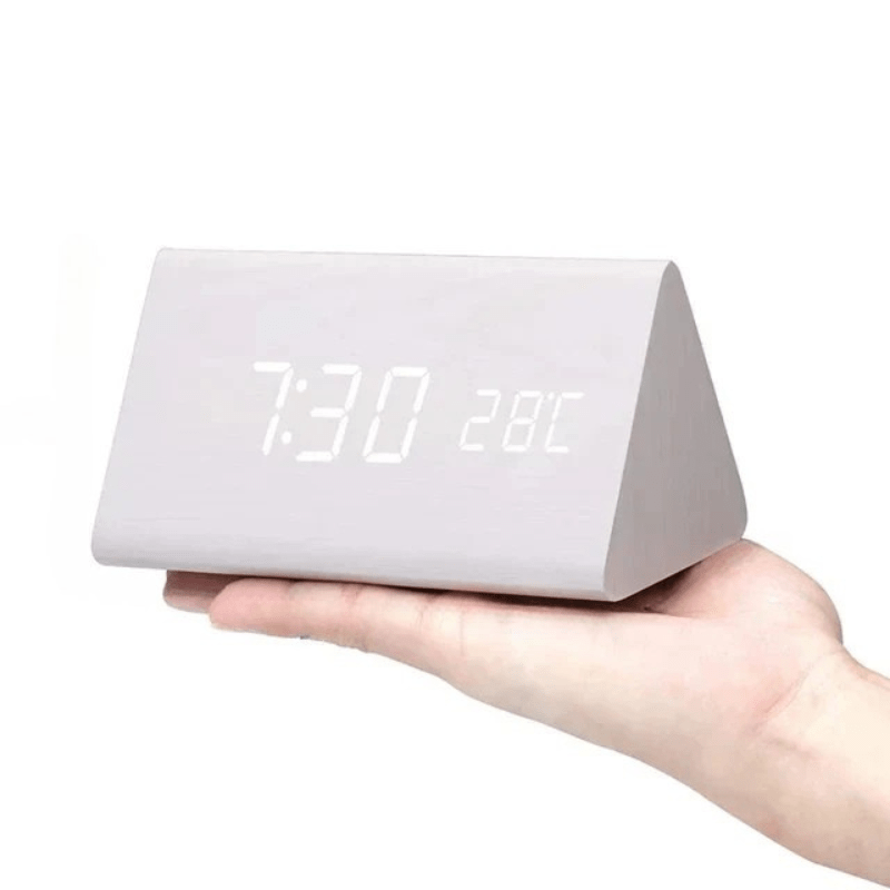 Smart LED digital alarm clock with voice control for bedroom convenience.