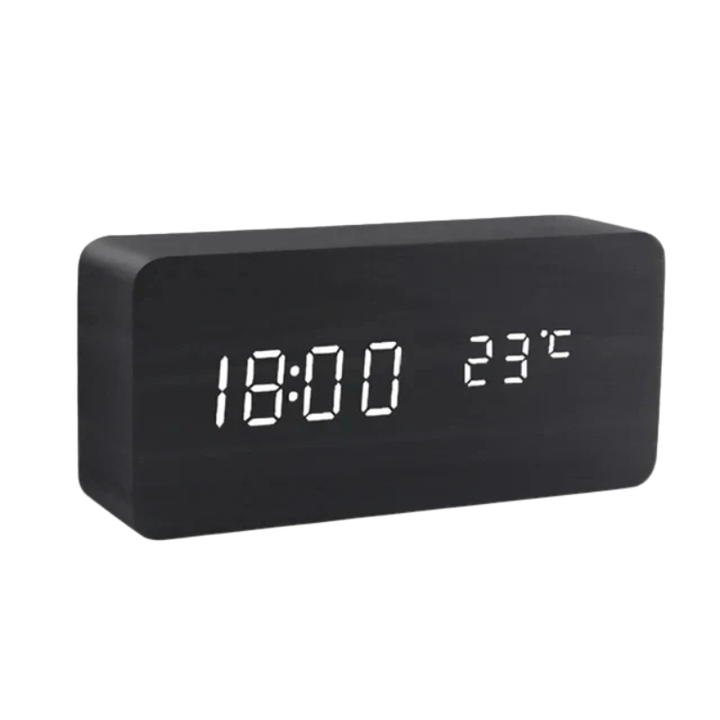 Sound activated LED alarm clock, minimalist design for home & office.